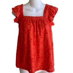 NWT Small Lauren Conrad Sleeveless Ruffle Top Textured Lined Coral Cross Back